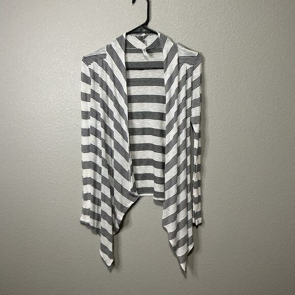 Discreet Sweaters - Discreet Striped Open Front Cardigan Draped Lightweight Long Sleeve